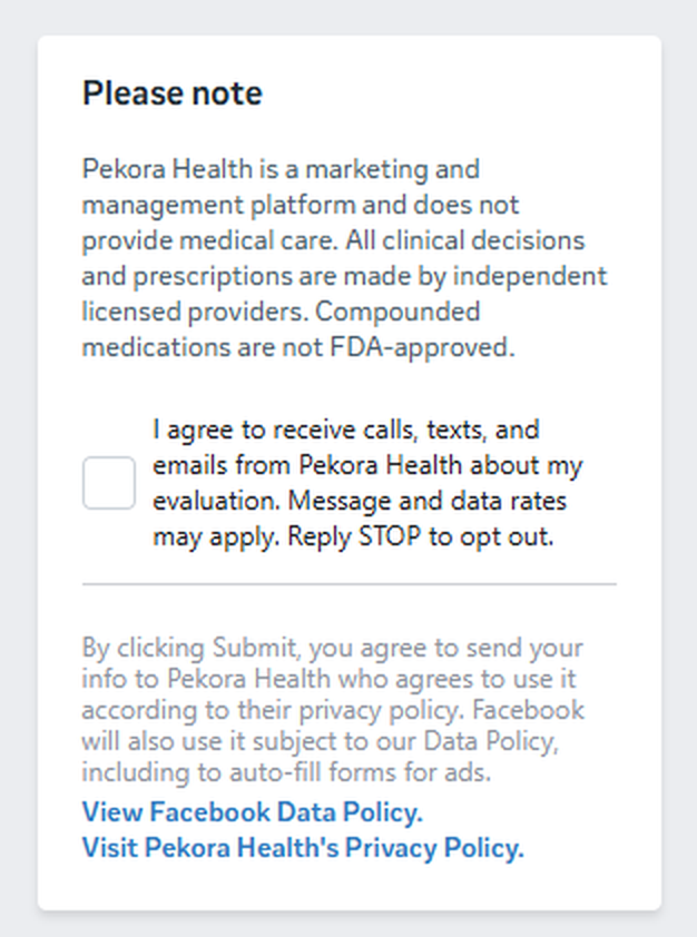 Pekora Health lead form SMS consent screen
